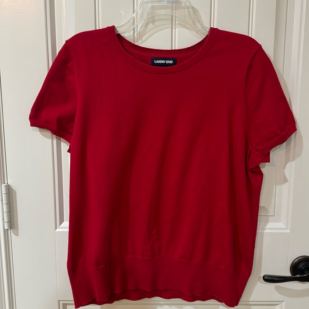 Land’s End short sleeve cotton sweater, red, Large/petite.